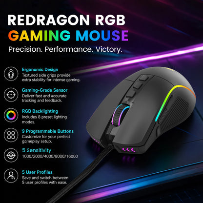FocusOnPC X11 RGB Gaming Mouse, Wired Connection, 8000 DPI, 9 Programmable Buttons, Ergonomic Computer Gaming Mice for PC Gamers
