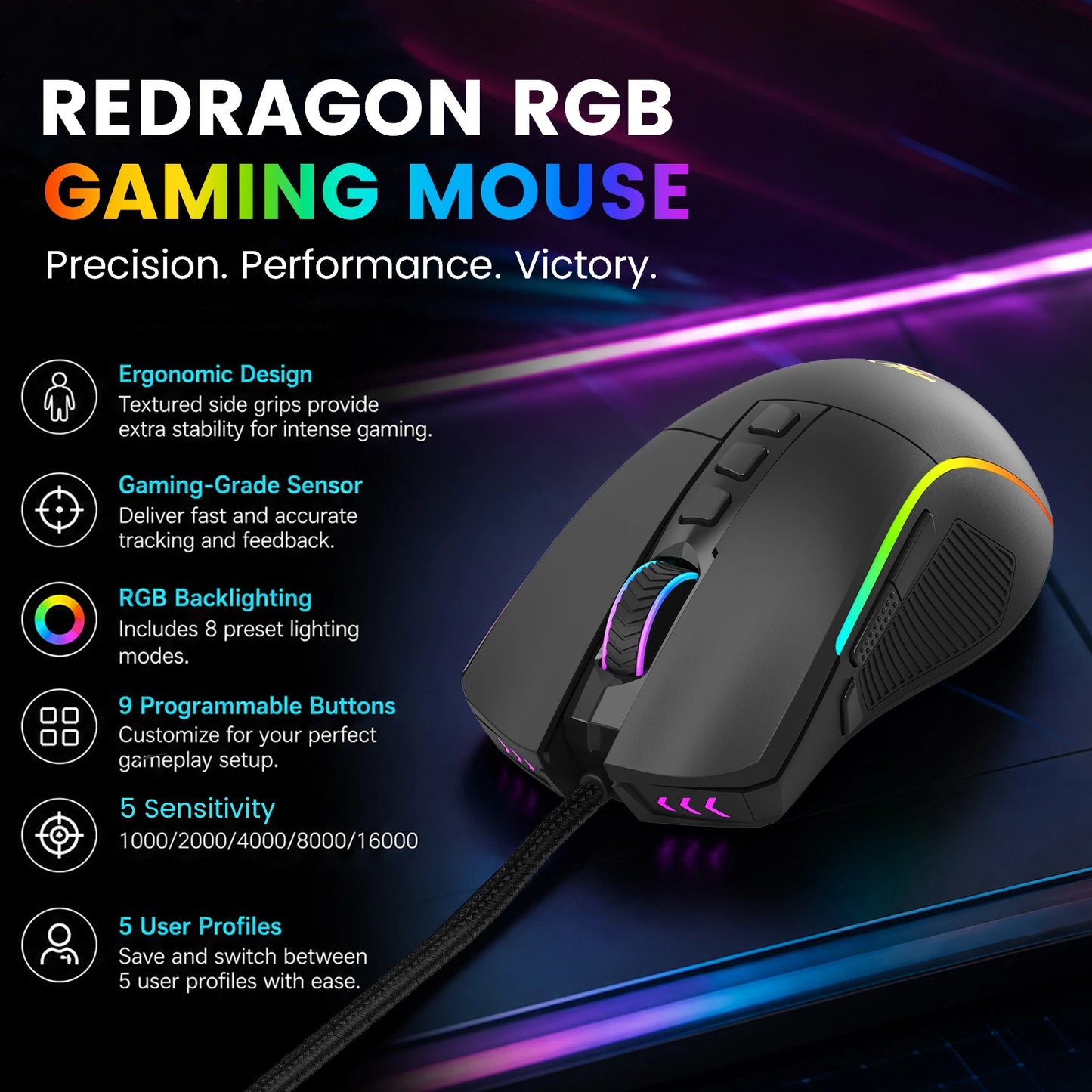 FocusOnPC X11 RGB Gaming Mouse, Wired Connection, 8000 DPI, 9 Programmable Buttons, Ergonomic Computer Gaming Mice for PC Gamers