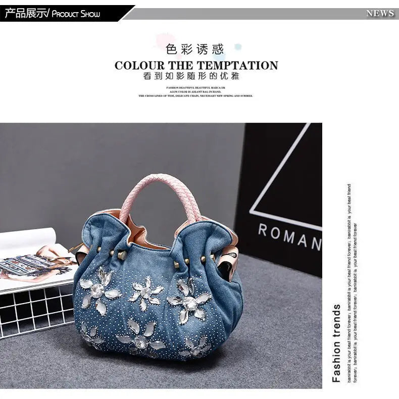 New Luxury Women Denim Bags Sweet Blue Pattern High Quality Handbags With Purses Diamond Ladies Tote Bag Messenger Bags
