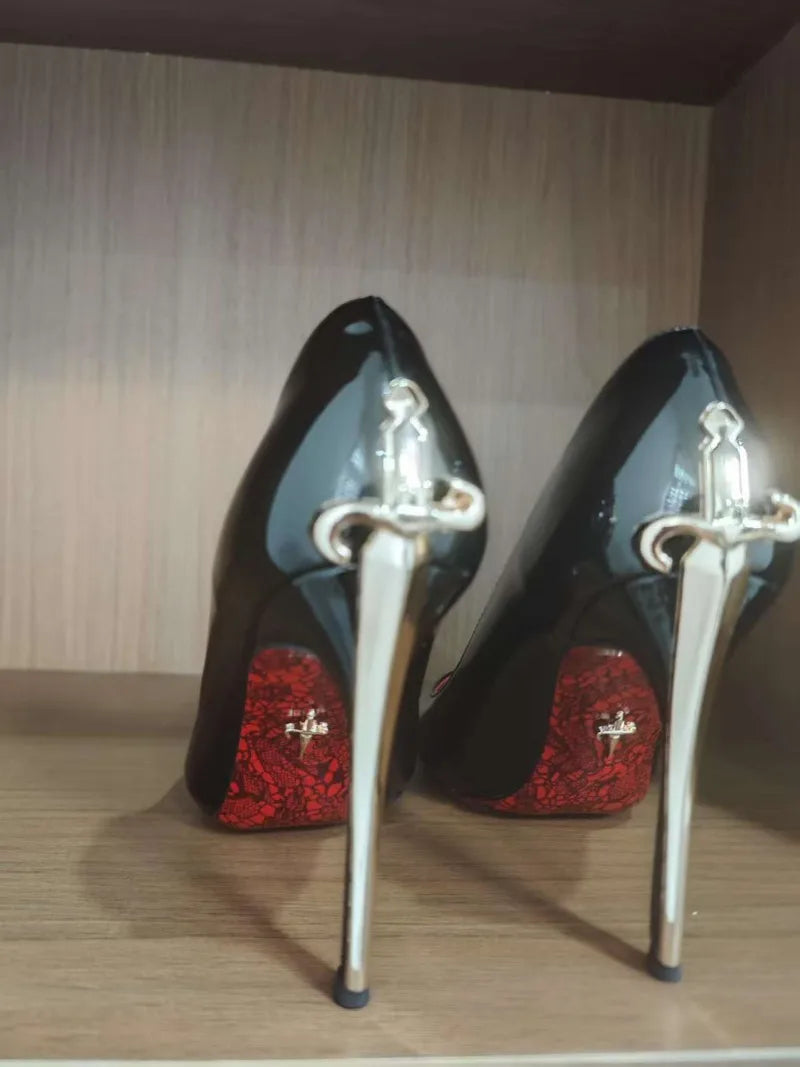 8CM-10CM Fashion Womens High Heel High Quality Metal Scepter Stiletto Pointed Leather Women Shoes Premium Single Shoes for Women