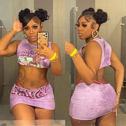 Sexy Y2K 2 Piece Skirt Sets Clothes Outfit 2023 Streetwear Fashion Dress Summer Crop Graphic T Shirts Top Women Two Piece Set