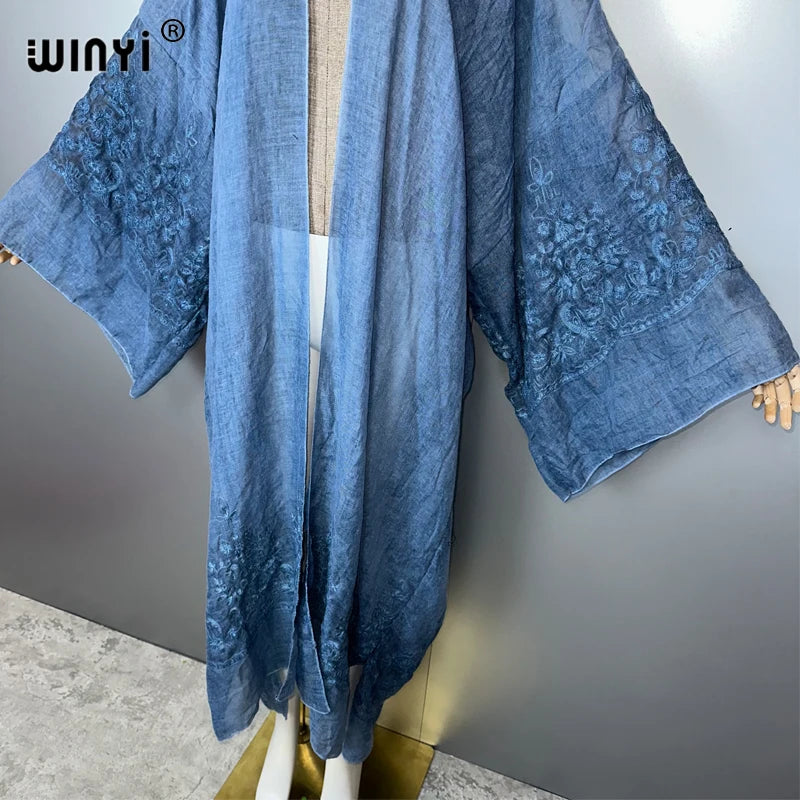 WINYI Kimono Hand-Dyed Embroidered Cardigan Beachwear Evening Dress Abaya Dubai Luxury Cover-Ups Beach Outfits Women Maxi Coat