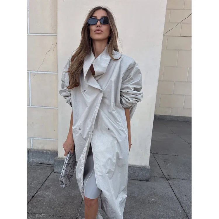 Black Stand Collar Trench Coat Women Casual Long Sleeve Single-breasted Loose Windbreaker 2026 Lady Autumn High Street Outwear