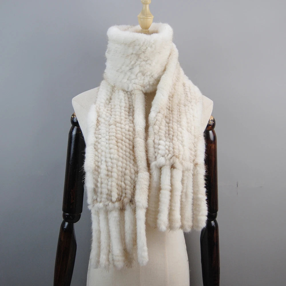 2026 Luxury Women Muffler 100% Real Mink Fur Scarf With Tassel Hand Knitted Natural Mink Scarves Neck Warmer Poncho Wholesale