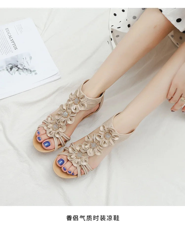 High quality leather flat sandals for women 5cm mid heel flower summer 2026 36 42 open toe vintage beach shoe black pink beige
