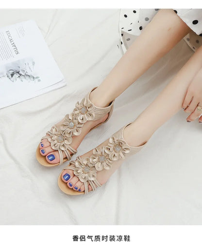 High quality leather flat sandals for women 5cm mid heel flower summer 2026 36 42 open toe vintage beach shoe black pink beige