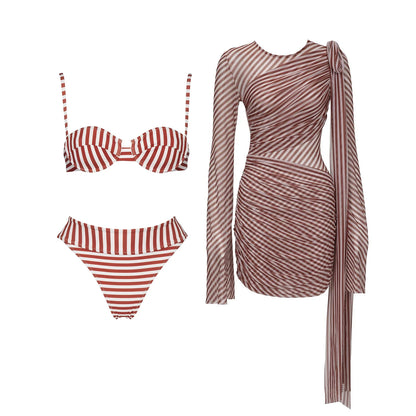 Striped 3Pcs Bandeau Biquini 2026 Women Sexy Swimsuit Push Up Swimwear Female Swimming Suits Low Waisted Bathingsuit Beachwear