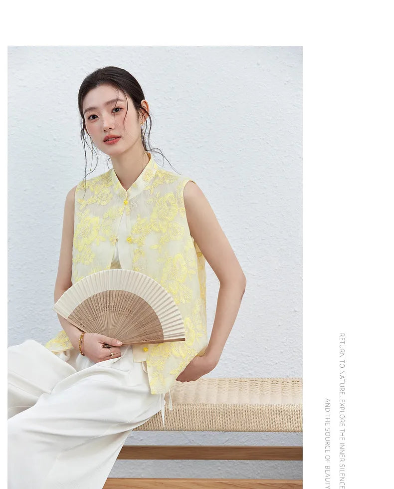 VIMLY Women's Vest 2026 Summer Casual Yellow Floral Embroidery Stand Collar New Chinese Style Sleeveless Jacket Ladies A5251