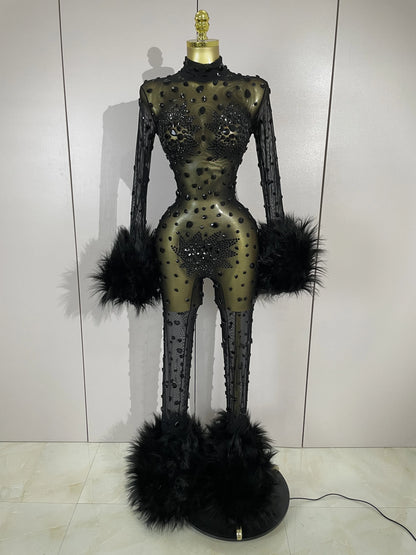 STOCK Luxury Diamond Black Mesh Transparent Stretchy Long Sleeve Jumpsuit Women Sexy Performance Singer Costume Nightclub Outfit
