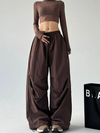 Women's Brown Parachute Pants 2026 Summer New Loose Straight Wide Leg Trousers Casual Quick Dry Cargo Pants Streetwear