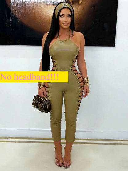 FAGADOER Sexy Hollow-out Patchwork Bodycon Jumpsuit Women Halter Sleeveless Backless Rompers Female Party Clubwear Overalls New