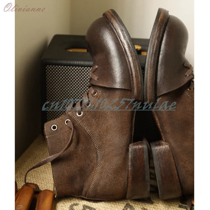 American Retro Style Chunky Leather Work Boots Lace-up Handmade Short Boots for men Thick Sole Men Shoes 2026 Zapatillas Mujer