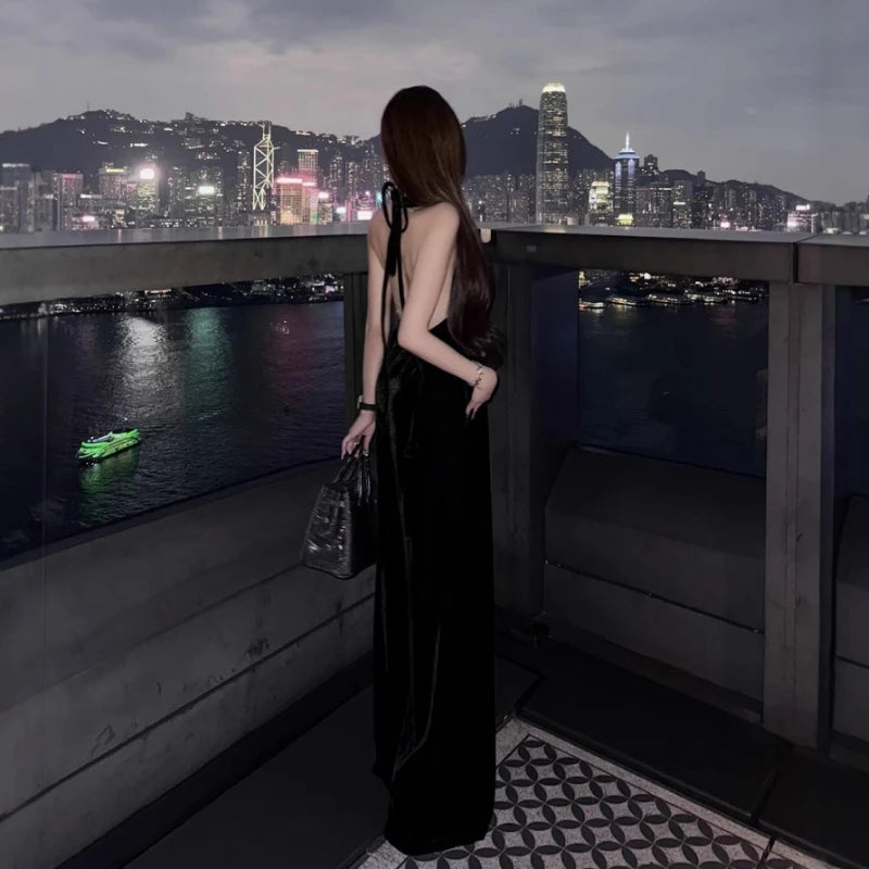 Vintage Luxury High-end Black Jumpsuits Metal Button Slim Sexy V-neck Hang Neck One-piece Pants Women Party Dresses Backless New