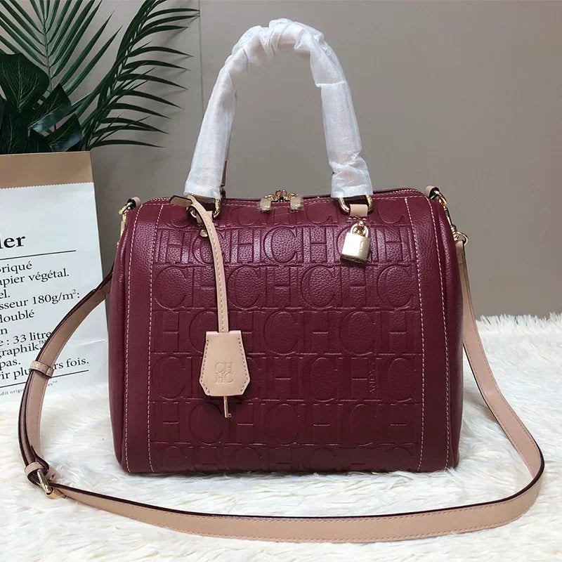 CH Carolina Herrera Boston Bag Women Leather Embossed Logo Shoulder Bag Luxury Travel Handbag Large Capacity