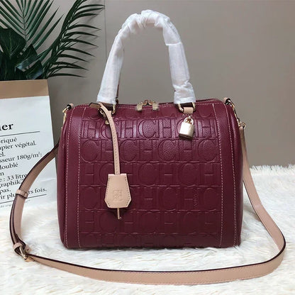 CH Carolina Herrera Boston Bag Women Leather Embossed Logo Shoulder Bag Luxury Travel Handbag Large Capacity