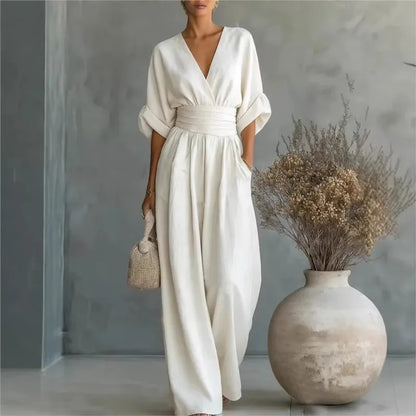 Summer Sexy Deep V-neck Short Sleeve Jumpsuits Elegant Women Solid High Waist Rompers Casual Sleeveless Wide Leg Pants Jumpsuit