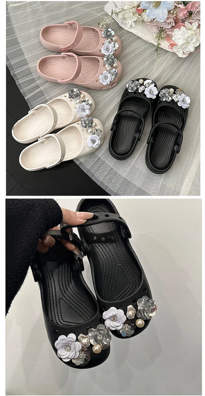 Clogs Summer Slippers Women Luxury Pearl Metal Flower Mary Janes Designer Ballet Shoes Girls Corc Charms Sandals Indoor Outdoor