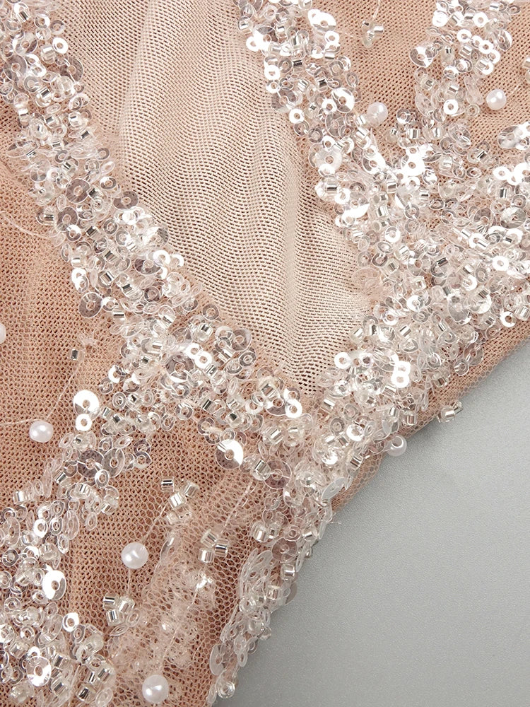 VC Glamorous One-shoulder Sleeveless Beige Crystal Embellished Dress Party Evening Gown