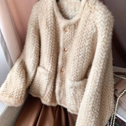 Autumn Winter Real Short Mink Fur Coat Thick Warm Soft Hand-Woven Mink Fur Coat Women Elegant Luxury Chic Fluffy Fur Jacket 2026