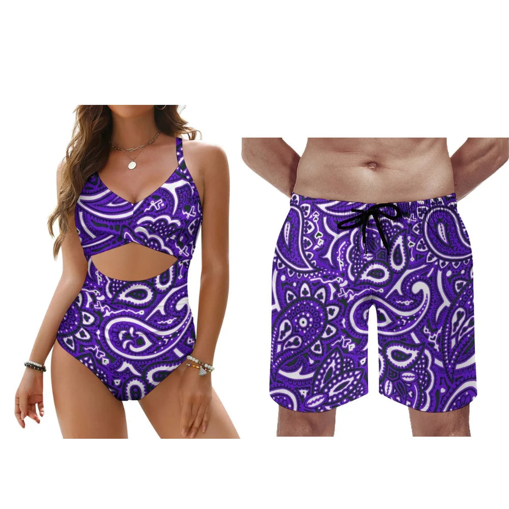 Customizable Bandana Men'S And Women'S Swimsuits Women One Piece Swimsuits Men Swimming Trunks And Beach Couple Outfits