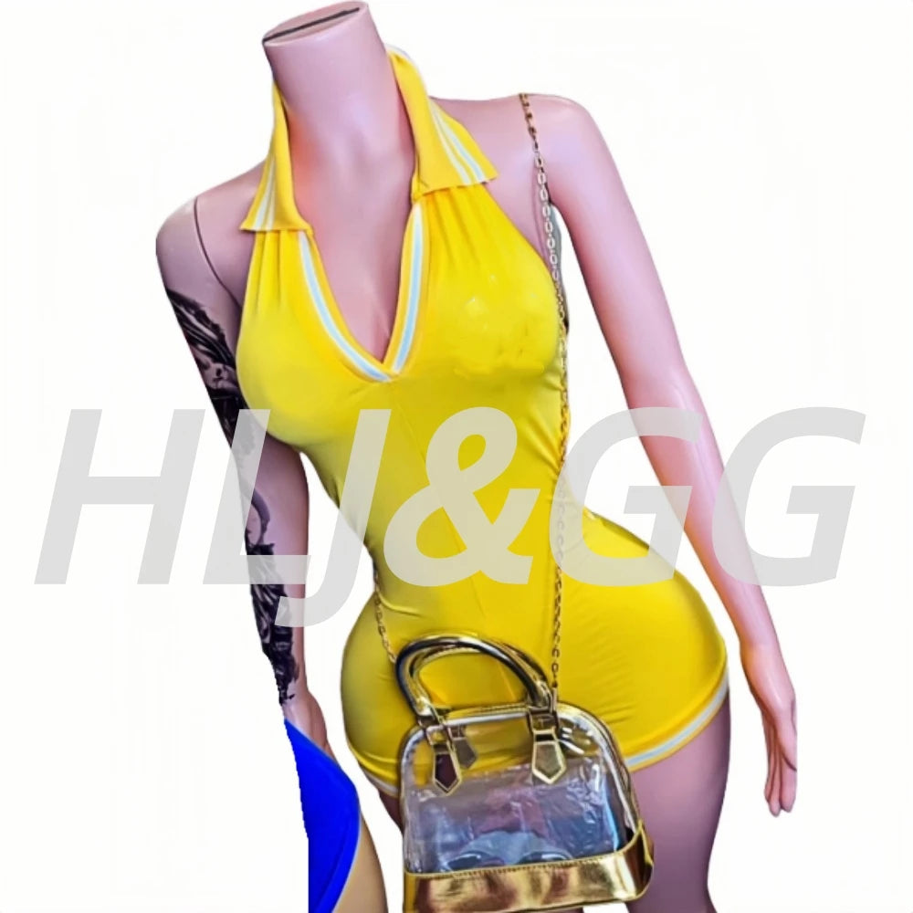 HLJ&GG Summer New Stripe Halter Lapel One Piece Rompers Women Sleeveless Backless Bodycon Jumpsuits Sexy Stretchy Overalls 2025