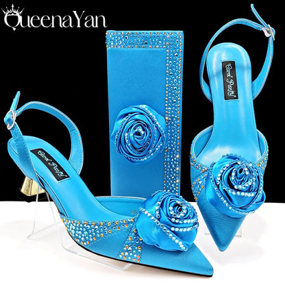 New Party Shoes And Bag Set Nigeria Handmade Flowers Decoration Lady Fashion Shoes and Bag Set for Wedding