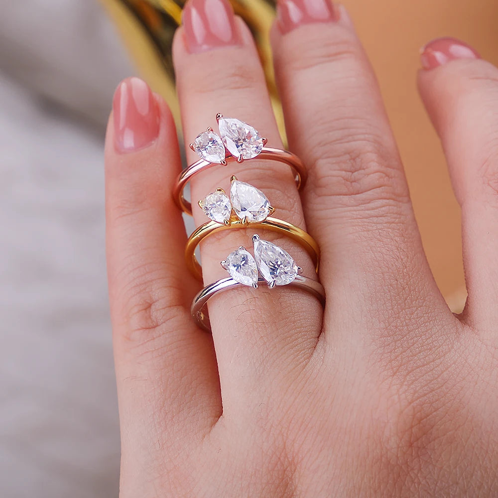 1.5cttw Double Pear Cut Moissanite Diamond Ring for Women Two Stone Toi Et Moi Wedding Bands 925 Silver 18k Gold Plated Jewelry
