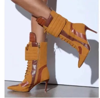 Punk Style Bling Rhinestone Pointed Toe Mid-Calf Women Boots Stiletto High Heels Lace Up Design Large Size Fashion Show Shoes