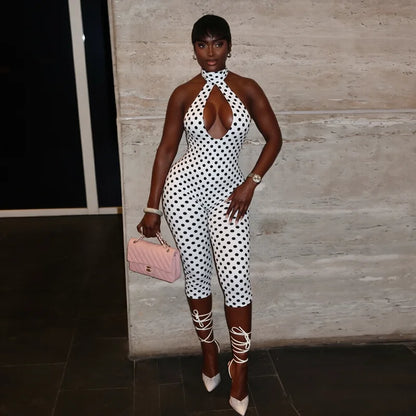 Polka dot print neck strap, big backless, tight fitting and slimming seven part jumpsuit