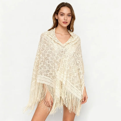 Versatile 140×140cm Lace Shawl Elegant Hollowed-out Design Knitted Shawl Breathable Tassel Shawl for Women
