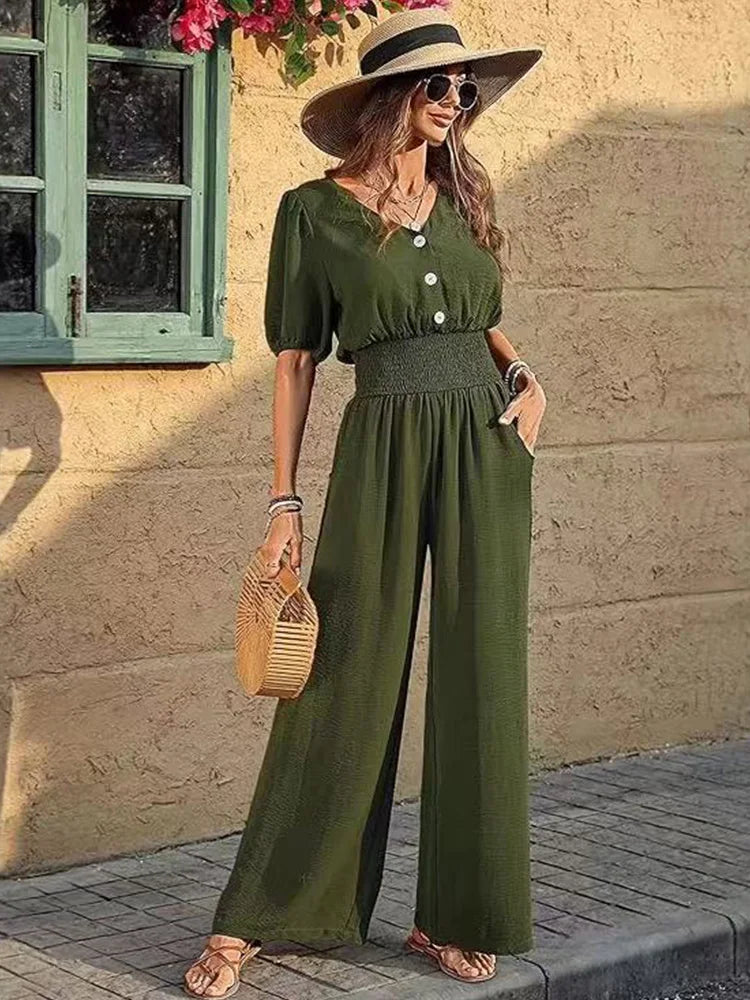 Women's V-Neck Waist Cinched Loose Fit Elegant Jumpsuit
