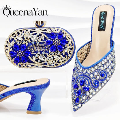 QUEENA YAN Luxury Pink Rhinestone Party Shoes and Clutch for Women- Elegant Crystal Heels with Matching Evening Bag