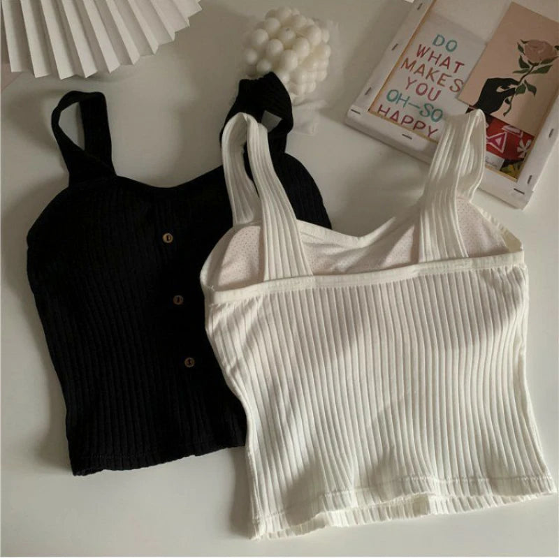 Women's Y2K Cropped Tops with Bra Pads Summer Corset Korean Suspenders Vest Sexy Camisole Slim Solid Casual Fake Buckle Tops