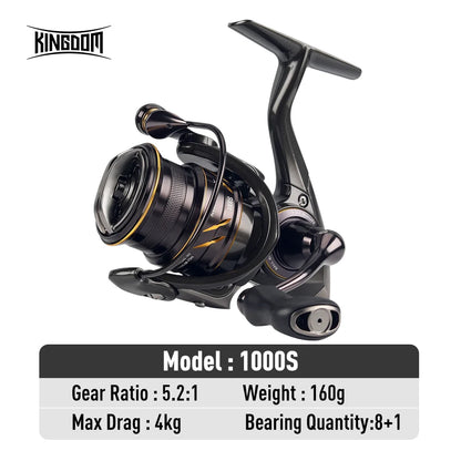 Kingdom Micro Fly Pro Fishing Spinning Reel Ultra Light 8+1 Sealed Bearings 160g 8KG Max Drag 5.2:1 Gear Ratio Fishing Reel