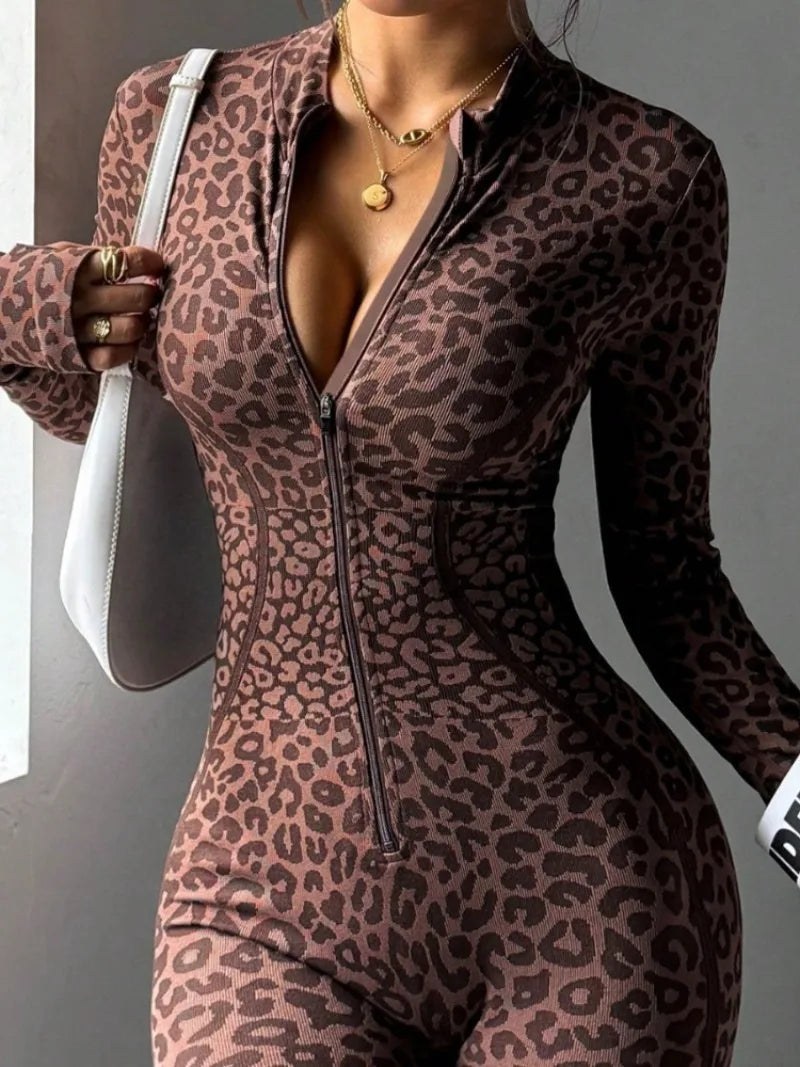 Women Leopard Print Fitness Jumpsuits Long Sleeve Zip-up Gym Sporty Overalls Female One Piece Flare Pants Running Yoga Tracksuit