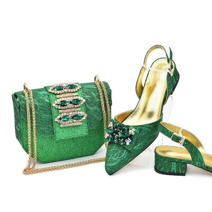 Latest Party Shoes and Bags To Match for Nigerian Elegant Luxury Low Heels Pointed Toe Rhinestone Shoe and Bag Set for Wedding
