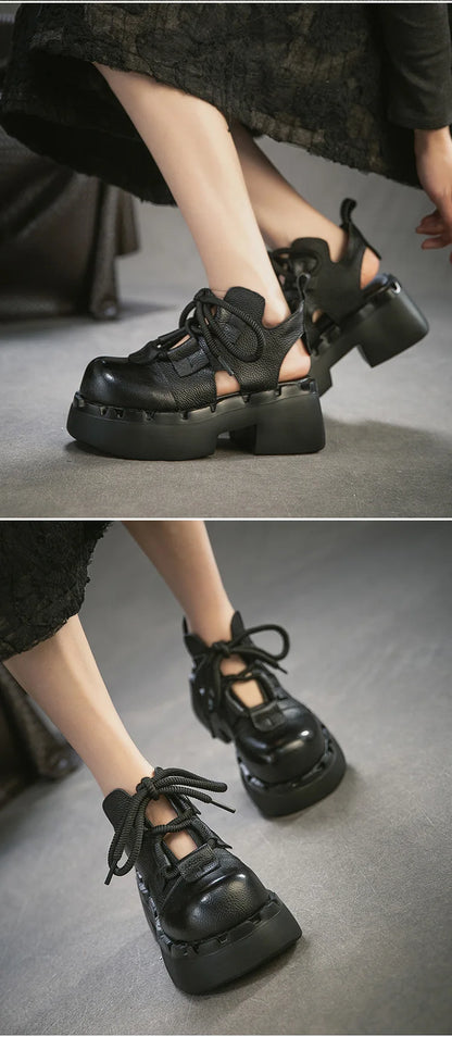 Myjyjz 7cm Cow Genuine Leather Flats Comfy Platform Wedge Fashion Flats Ankle Booties Sandals Luxury Shoes Mary Jane Pumps Women