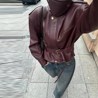 Vintage Women's Leather Jacket Stand Collar Pocket Short Coat Retro Waistband Zipper Outwears 2025 New Autumn Winter Lad Jackets
