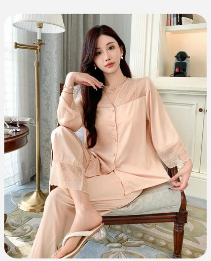 Women's Ice Silk Long-Sleeve Shirt and Full-Length Bottom Pajama Set Soft Warm Loungewear