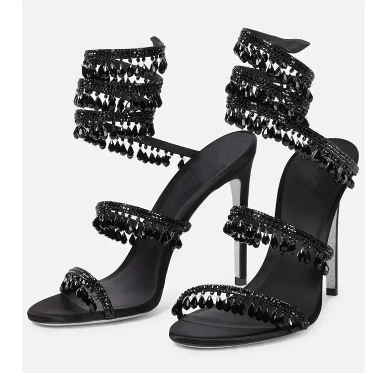 2026Women's New Water Diamond Sandals Fashion Tassel Crystal Shoes Sexy Banquet Party Twin Stiletto Women's Large Sandals
