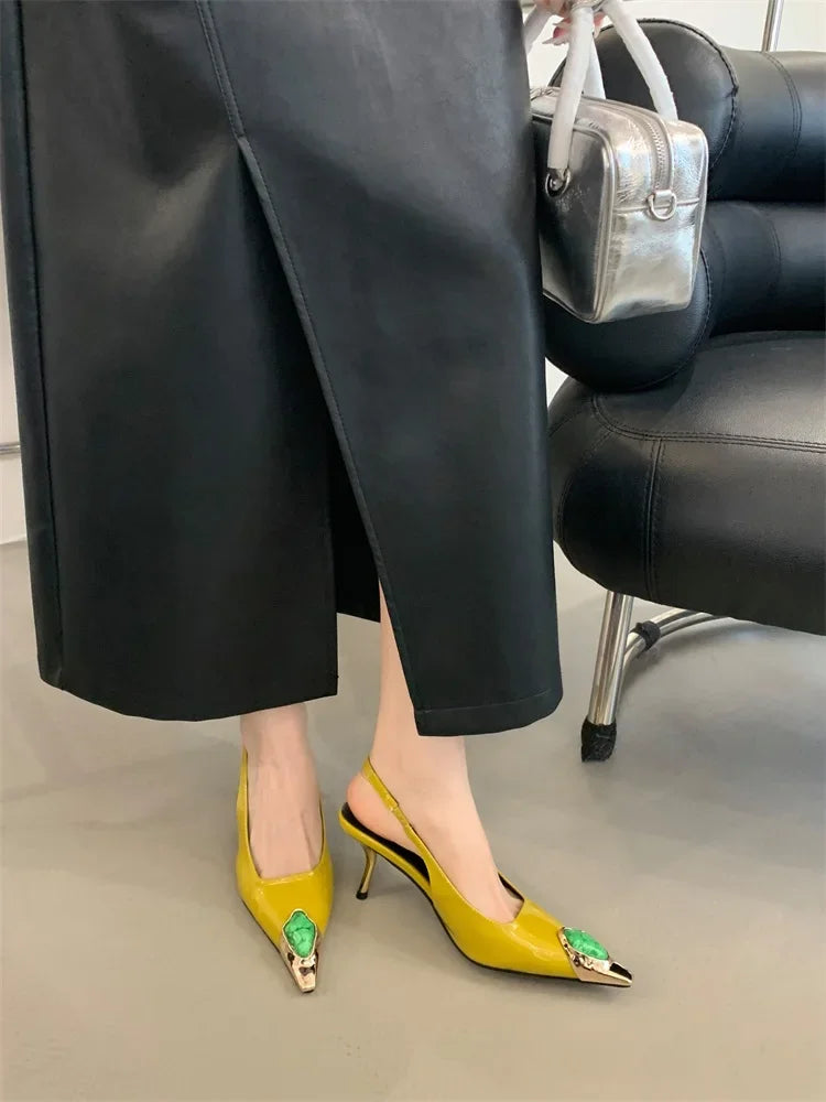 Aneikeh Street Style Design Metal Square Head Diamonds Woman Pumps Sandals Elegant Sexy Low-heel Banquet Prom Slingbacks Shoes