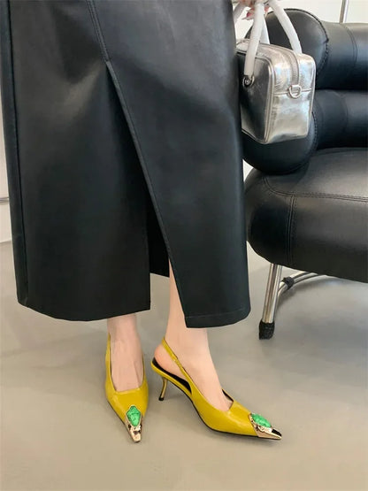Aneikeh Street Style Design Metal Square Head Diamonds Woman Pumps Sandals Elegant Sexy Low-heel Banquet Prom Slingbacks Shoes
