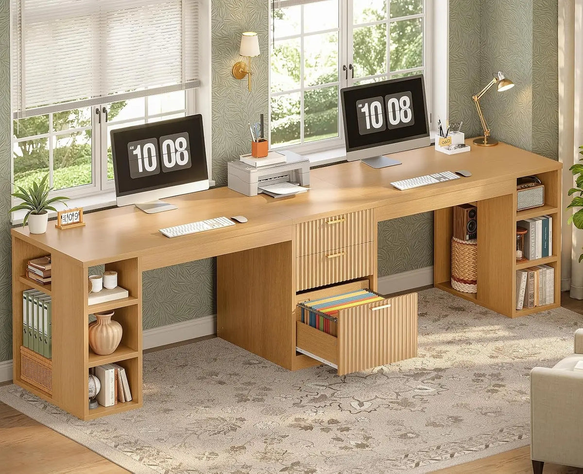Farmhouse 96.5" 2 Person Computer Desk with Drawers for Home Office | Gaming Double Desk with Storage Shelves, Long Two, Custom