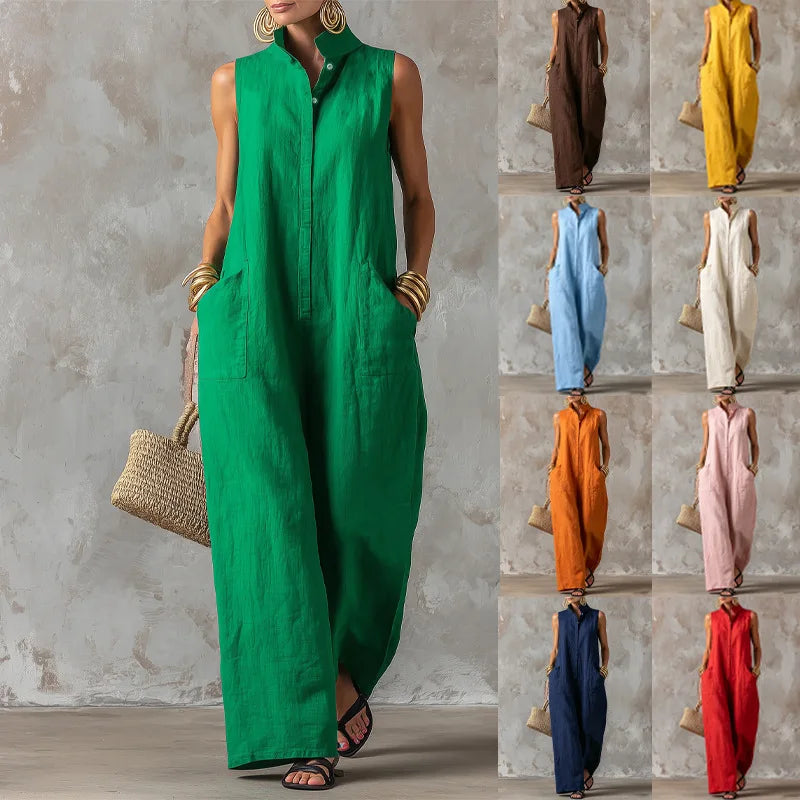 Women Linen Sleeveless Jumpsuit Stand Collar Button Down Wide Leg Long Romper Casual Loose Pockets Vacation Overalls