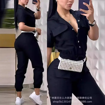 Short Sleeve Pocket Design Cuffed Cargo Jumpsuit Women Summer Solid Color Playsuits Jumpsuits Pants High Waist