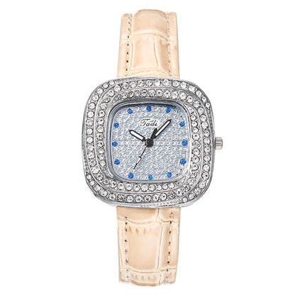 Women's 2025 New Luxury Full Star Diamonds Square Quartz Watch Business Women's Green Leather Casual Dress Clock Wristwatch