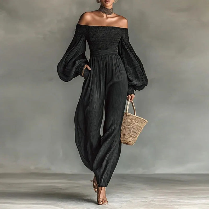 Women Solid Off Shoulder Backless Jumpsuits Lantern Long Sleeve Pleated High Waist Pockets Overalls Casual Holiday Party Rompers