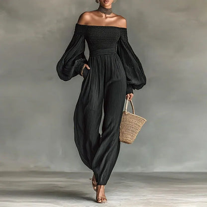 Women Solid Off Shoulder Backless Jumpsuits Lantern Long Sleeve Pleated High Waist Pockets Overalls Casual Holiday Party Rompers
