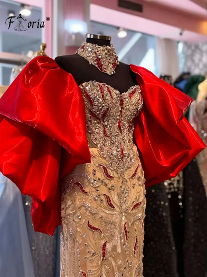 Luxury Heavy Beaded Evening Dress Puffy Big Sleeve High Neck Mermaid Prom Gown Sparkly Rhinestone Formal Party Dresses Customize