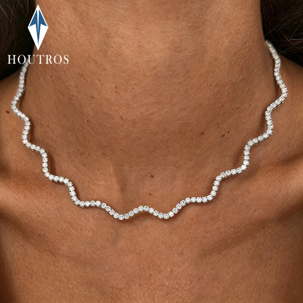 2mm Full Moissanite Wave Tennis Necklaces 925 Sterling Silver Luxury Bridal Necklace Adjustable Choker for Women Jewelry Gift